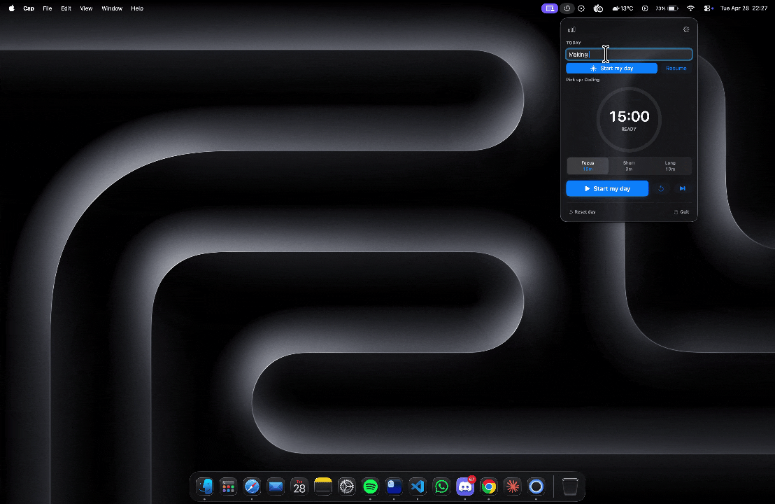 Pomoblock 从 macOS 菜单栏把任务变成专注时间块的演示